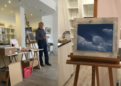 cafe wert.voll in Willich, Aktuelles "Kreatives", gemütliche Atmosphäre, Malworkshop, Mann mit Staffelei, Bild mit Wolken